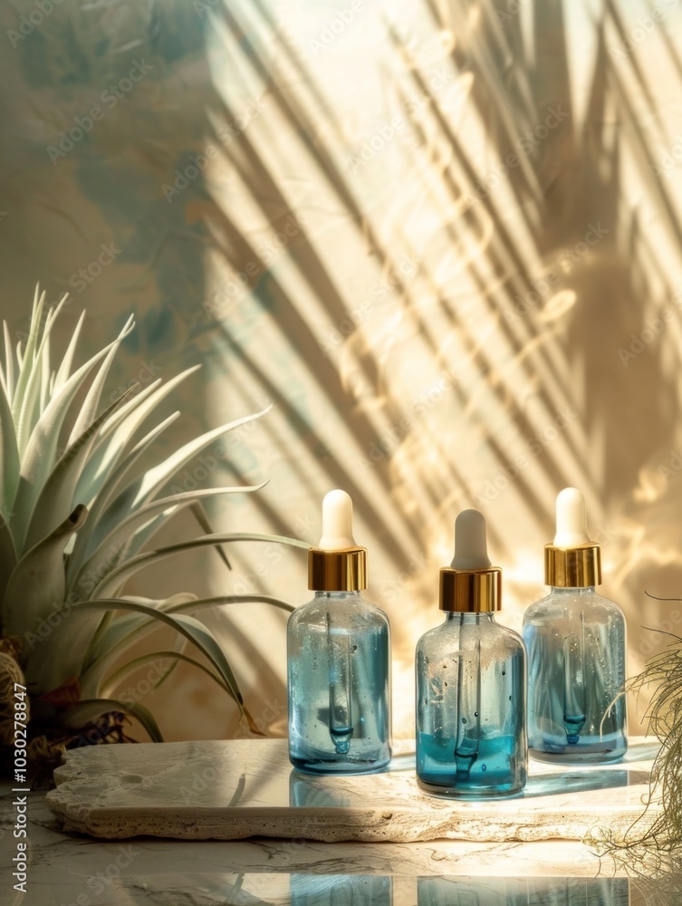Blue glass dropper bottles on a stone slab with plants and shadows in soft sunlight. Skincare, wellness, and natural product branding imagery. Blue glass dropper bottles on a stone slab with plants and shadows in soft sunlight. Skincare, wellness, and natural product branding imagery.