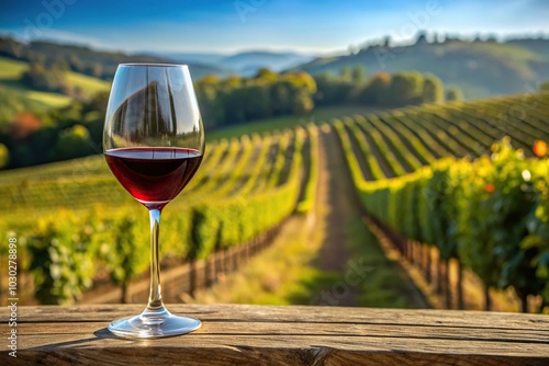 Wine glass with spilled red wine and vineyard scenery in sunlight tilt angle