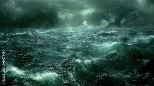 Dark, turbulent sea with dramatic waves and stormy skies.