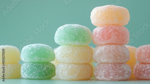 Delightful stacks of assorted mochi in pastel hues arranged against a calming green background. the soft, powdered mochi creates a subtle and inviting atmosphere, perfect for sweet treat themes.