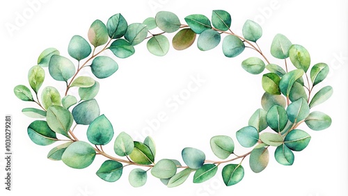 Watercolor wreath of green eucalyptus leaves on a tilted angle