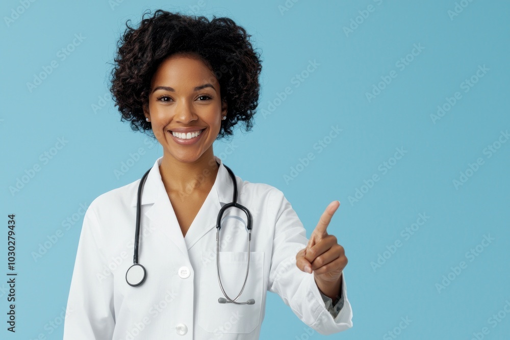 Smiling female doctor in white coat with stethoscope gesturing against blue background. healthcare, professionalism, and medical expertise. Smiling female doctor in white coat with stethoscope gesturing against blue background. healthcare, professionalism, and medical expertise.