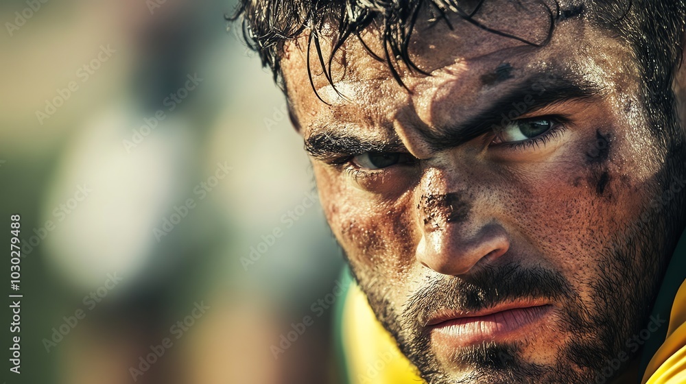 A close-up of a man's face with dirt on his cheek and a determined expression. A close-up of a man's face with dirt on his cheek and a determined expression.