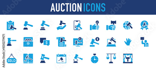 Auction set of blue icon. Legal Hammer, Clipboard, Gavel, Auction, Hand, Mobile, Complete, Auction Hammer, Global, Badge, Legal, Treasure, Chat, Document, Monitor  vector illustration.