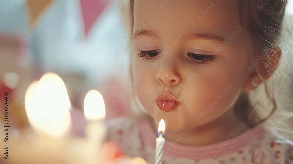 A little girl blows out birthday candles on a cake. A little girl blows out birthday candles on a cake.
