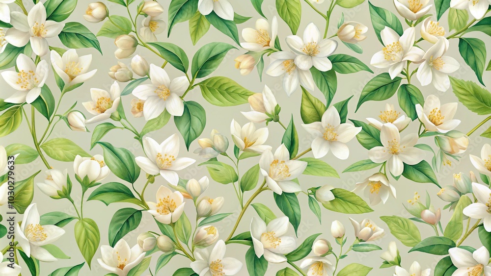 Watercolour seamless pattern of Jasmine flowers in pastel colours Watercolour seamless pattern of Jasmine flowers in pastel colours