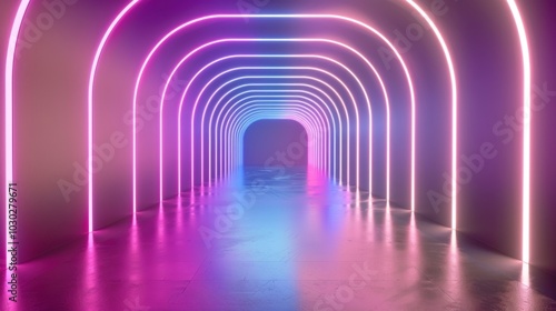 Neon-lit tunnel with curved arcs casting colorful glows in a futuristic hallway. Ideal for design concepts, technology themes, and vibrant artistic backdrops.