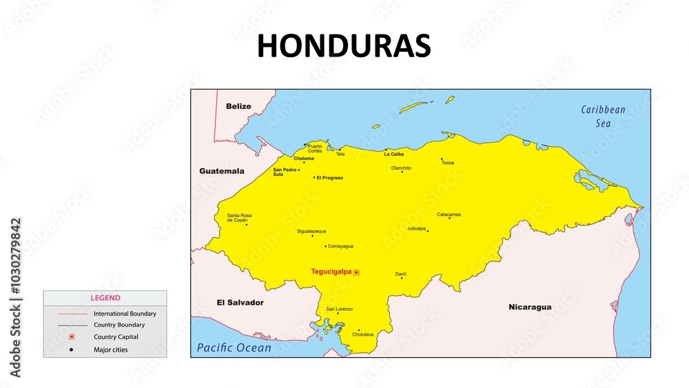 Fototapeta honduras Map. Major cities in honduras. Political map of honduras with border and neighbouring countries.