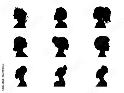 Set of Afro Girl Silhouette in various poses isolated on white background. Collection of black woman face and head with stylized hairstyle.