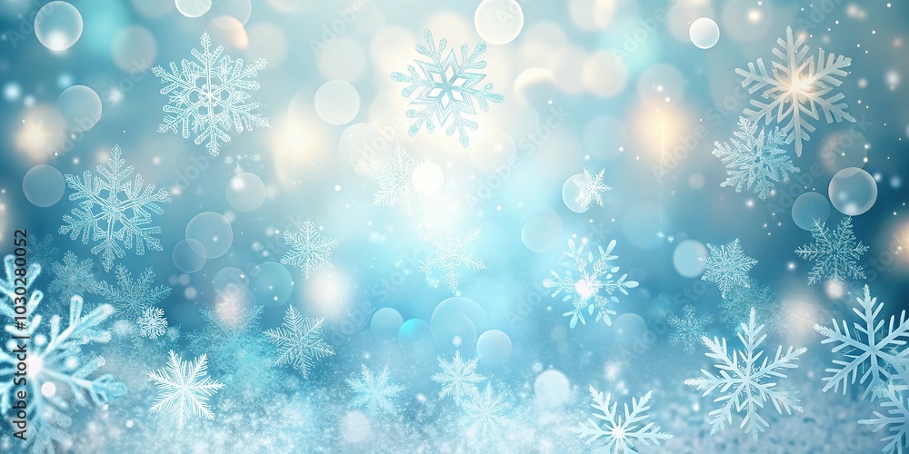 Winter Christmas background with falling snowflakes, bokeh lights, and snowy pastel blue backdrop