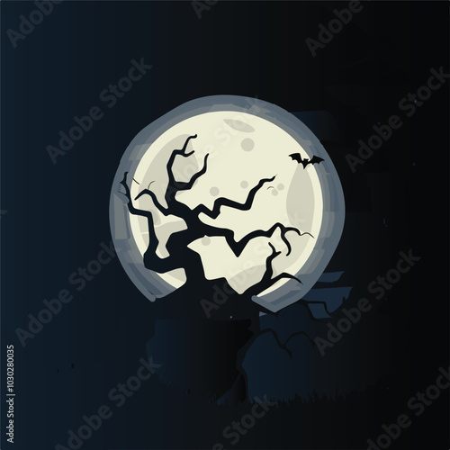Blue Halloween Moon Tree Background. A spooky scary blue Halloween background scene with full moon, clouds, hill and scary tree