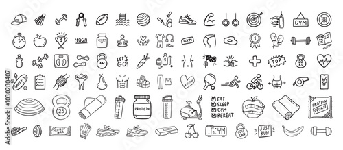 Fitness, sport and health icons doodle hand drawn set. Healthy lifestyle isolated symbols