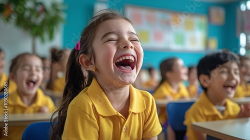 A young girl in a yellow shirt laughs with her classmates in a classroom setting.