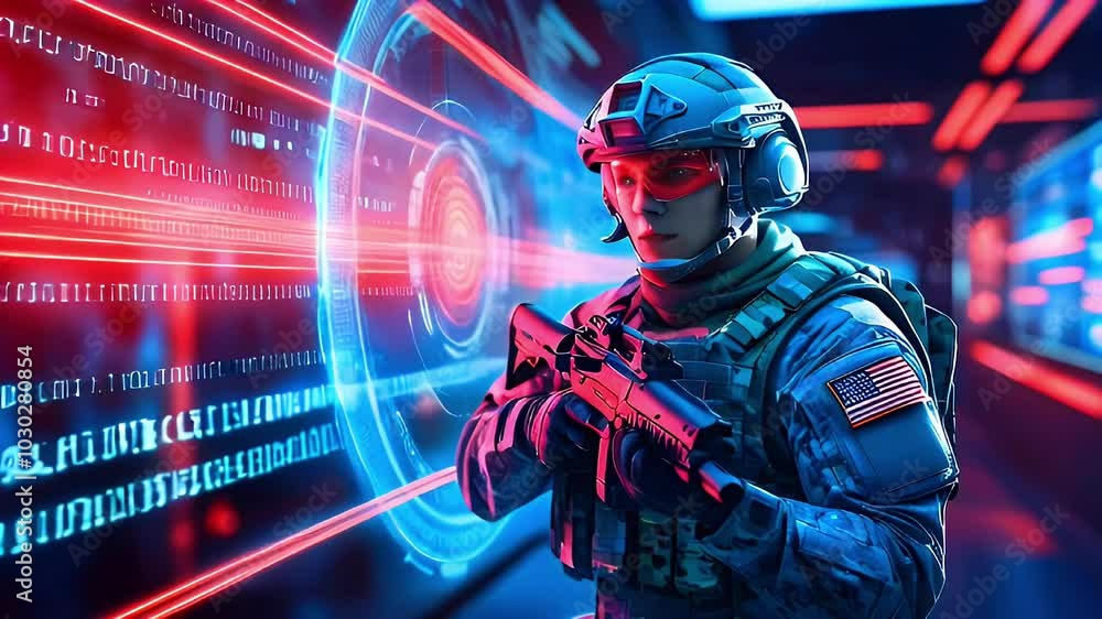 A soldier in a futuristic environment with a red light and a digital interface in the background. A soldier in a futuristic environment with a red light and a digital interface in the background.