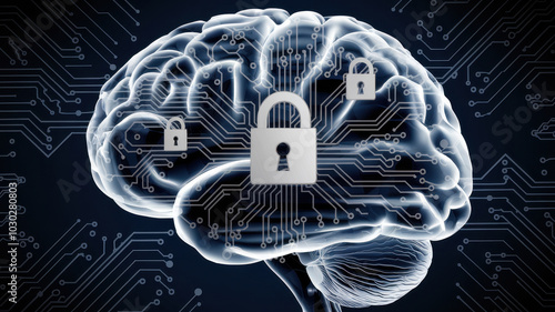 Digital brain with circuit patterns and security locks symbolizes data protection