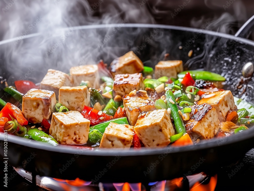 A colorful stir-fry featuring tofu and fresh vegetables, sizzling in a hot pan with steam rising, showcasing vibrant ingredients and a delicious meal. A colorful stir-fry featuring tofu and fresh vegetables, sizzling in a hot pan with steam rising, showcasing vibrant ingredients and a delicious meal.