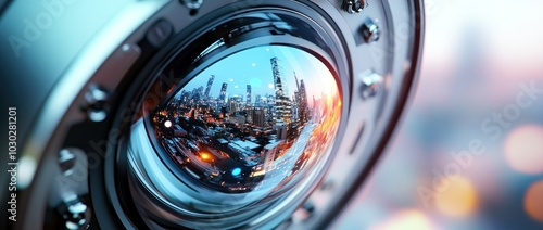 A camera lens with a reflection of a city skyline.