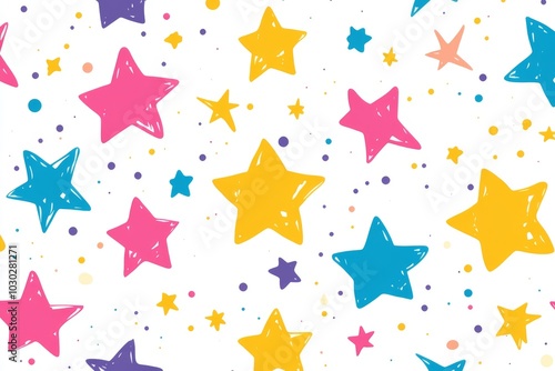 Colorful stars scattered across a white background creating a playful and cheerful design perfect for children’s decor or festive textiles