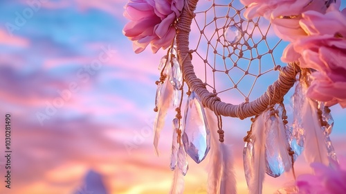 A delicate dreamcatcher adorned with pink flowers, suspended against a vibrant sunset sky filled with soft colors. photo