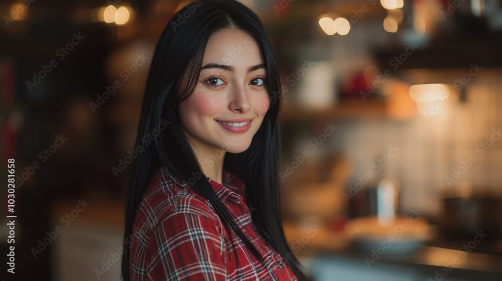 Half body shot of a British woman with straight black hair, wearing a red plaid shirt, standing in a warm kitchen with Christmas cookies baking in the oven, copy space, festive treats, holiday baking Half body shot of a British woman with straight black hair, wearing a red plaid shirt, standing in a warm kitchen with Christmas cookies baking in the oven, copy space, festive treats, holiday baking