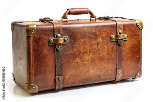 weathered vintage leather suitcase on plain white background symmetrical