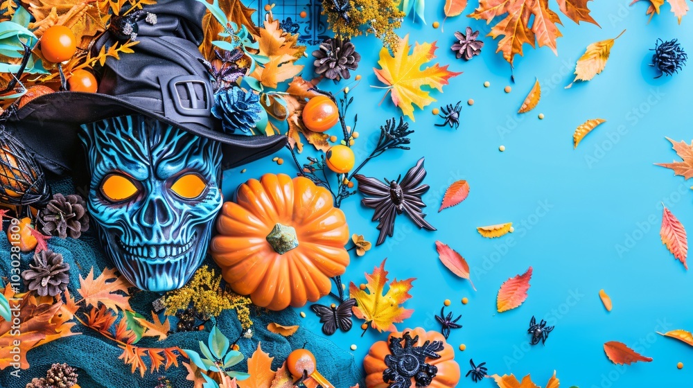 Top view, Blue background with a skull and pumpkin on it, Halloween theme Top view, Blue background with a skull and pumpkin on it, Halloween theme
