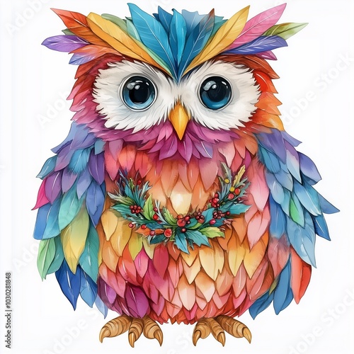 A vibrant, colorful owl adorned with a floral wreath, showcasing intricate feather patterns in a whimsical, artistic style.