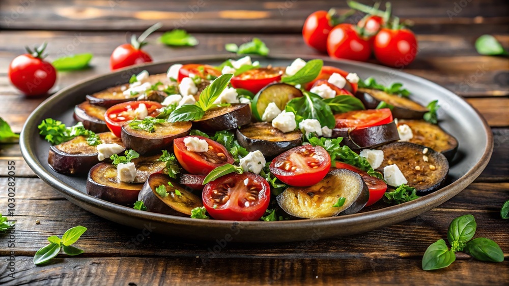 Low angle view of salad with fried eggplant, herbs, tomatoes, and feta cheese on a wooden background Low angle view of salad with fried eggplant, herbs, tomatoes, and feta cheese on a wooden background