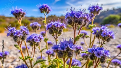 Vibrant blue flowers of Phacelia campanularia in desert landscape photo