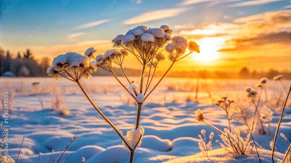 Obraz premium Winter meadow with dried plant covered in snow at sunset