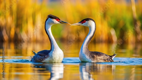 Western Grebes performing mating weed ceremony at Eagle Lake, Lassen County, California, USA photo