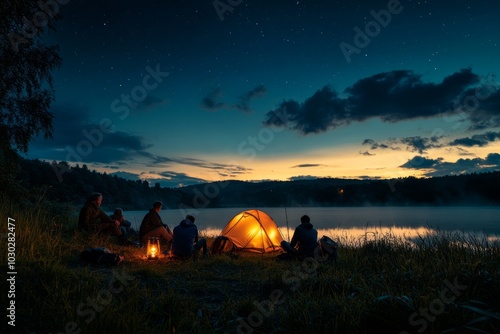 A peaceful camping scene by the lake at sunset. A group of friends enjoys the warmth of fire. Stars twinkle above the tranquil water. Experience nature together. Generative AI