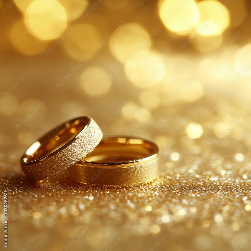 Two Gold Wedding Bands, A Symbol of Love and Commitment on a Sparkling Gold Background Two Gold Wedding Bands, A Symbol of Love and Commitment on a Sparkling Gold Background