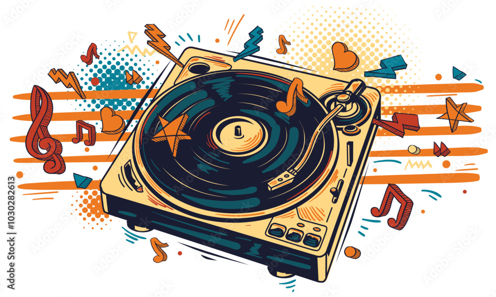 Obraz premium Vinyl records turntable and musical notes, colorful music design