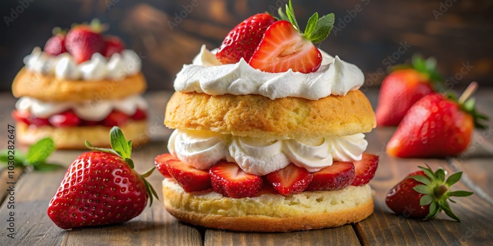 Low angle view of strawberry shortcake with whipped cream and fresh strawberries Low angle view of strawberry shortcake with whipped cream and fresh strawberries