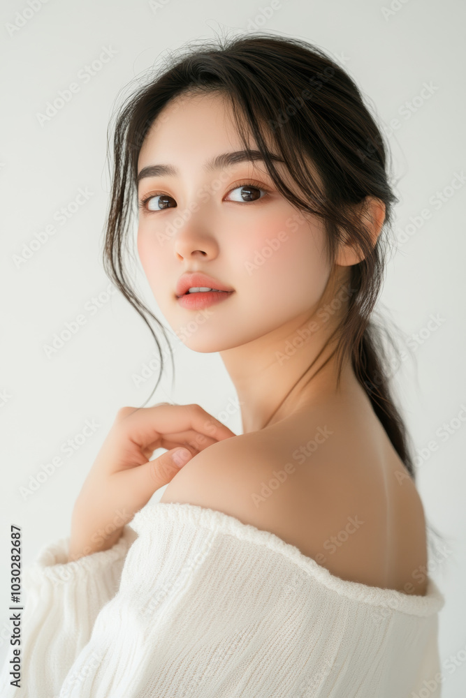 Confident Asian woman touching her shoulder, posed in bright pro studio, showcasing minimalistic fashion look against simple white background Confident Asian woman touching her shoulder, posed in bright pro studio, showcasing minimalistic fashion look against simple white background