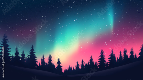 A stunning aurora lighting up the cold winter sky, with an evergreen forest dusted in snow beneath the seasonal glow