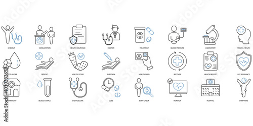 Health checkup icons set. Set of editable stroke icons.Set of Health checkup