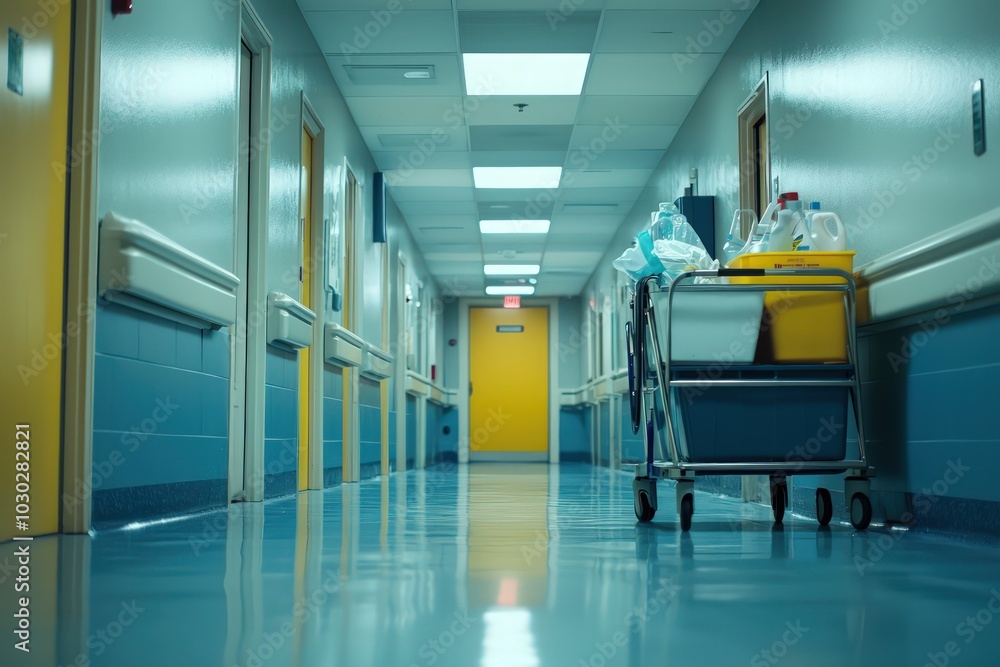 Hospital cleaning supplies cart in a stark, brightly lit empty hallway Hospital cleaning supplies cart in a stark, brightly lit empty hallway