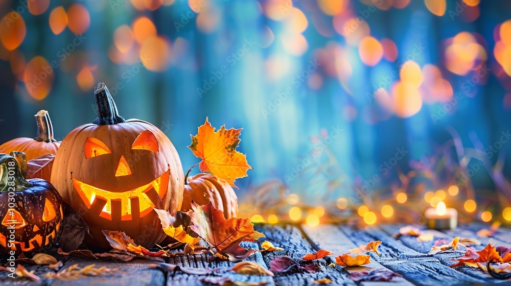Naklejka premium Table with a pumpkin and some leaves on it, Halloween theme