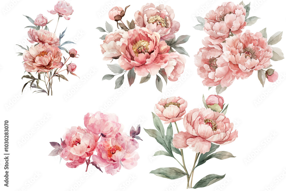 Watercolor Peony Flower Bouquets, Soft Pink and Blush Floral Arrangements, Hand-Painted Botanical Illustrations Watercolor Peony Flower Bouquets, Soft Pink and Blush Floral Arrangements, Hand-Painted Botanical Illustrations