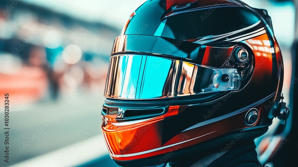 A race car driver looks out from behind his helmet. A race car driver looks out from behind his helmet.