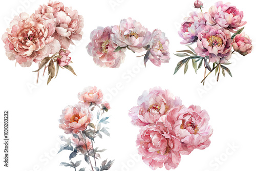 Watercolor Peony Flower Bouquets, Soft Pink and Blush Floral Arrangements, Hand-Painted Botanical Illustrations