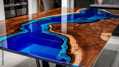 Stunning epoxy resin river table with live edge wood and deep blue water effect, showcasing modern craftsmanship