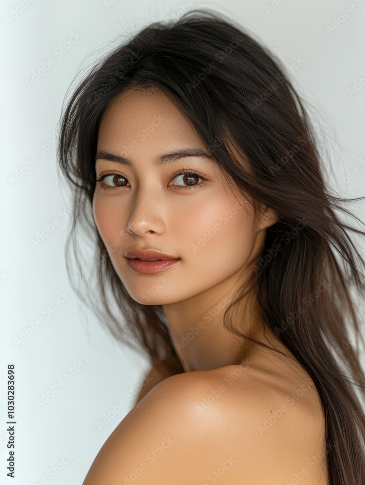 young woman with long, flowing hair gazes softly at camera, exuding natural and serene beauty against light background. Her expression is calm and inviting, capturing moment of elegance young woman with long, flowing hair gazes softly at camera, exuding natural and serene beauty against light background. Her expression is calm and inviting, capturing moment of elegance