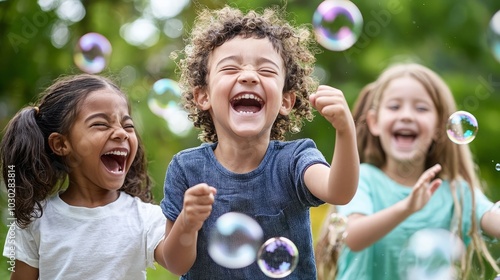 Three young children, a boy and two girls, laugh and play with bubbles outdoors on a bright day.