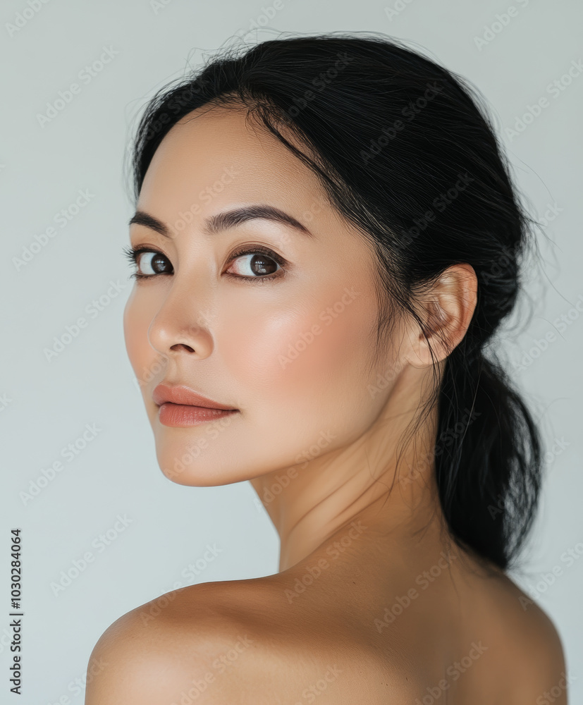 45 year old Asian model showcases her back while gazing directly at camera, highlighting her natural beauty in cosmetics photoshoot against soft white background 45 year old Asian model showcases her back while gazing directly at camera, highlighting her natural beauty in cosmetics photoshoot against soft white background