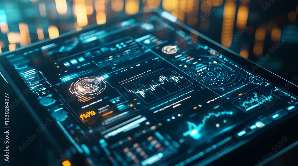 Fototapeta premium A sleek tablet showcases vibrant data visualizations and metrics in a modern, technology-driven space, highlighting real-time analytics and connected interface elements for data interpretation.