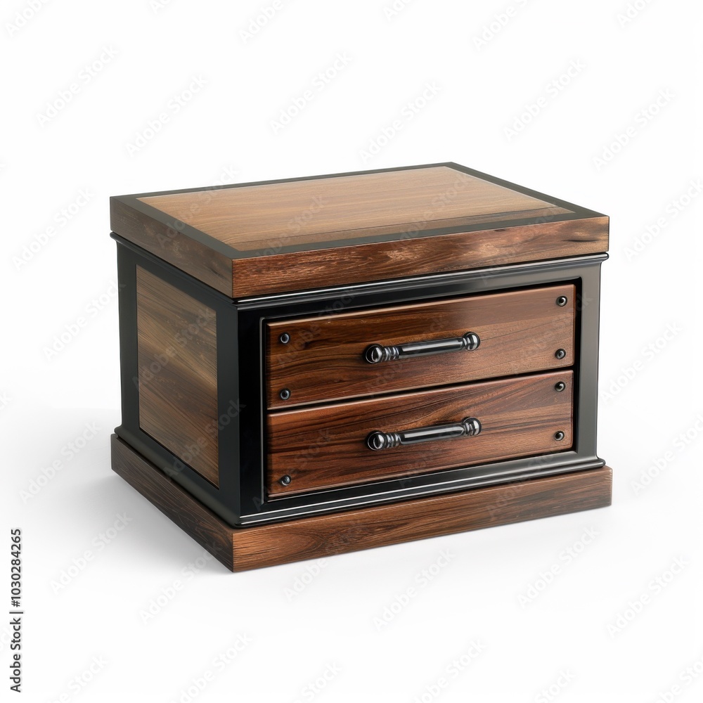 Wooden nightstand with two drawers and black accents in elegant design Wooden nightstand with two drawers and black accents in elegant design