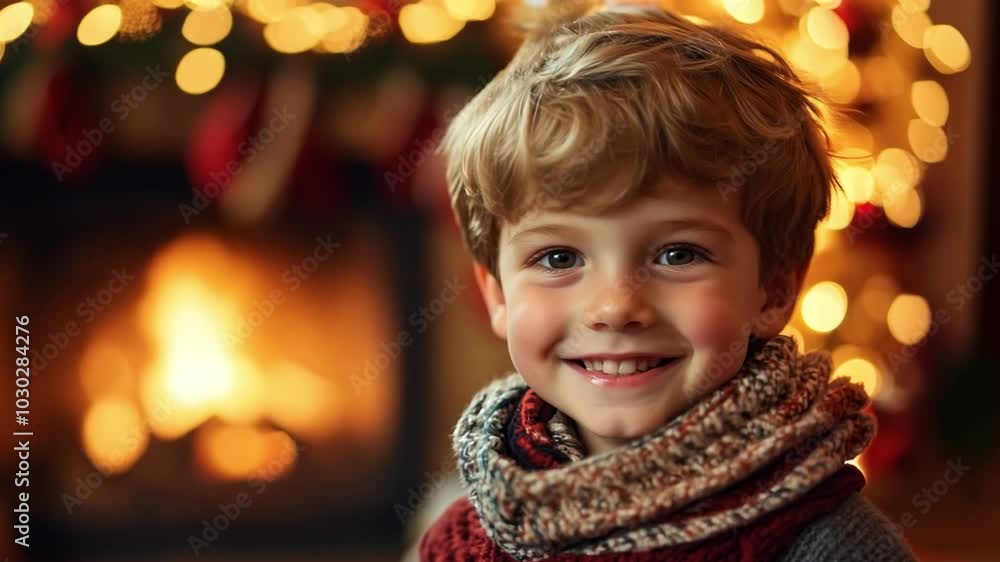 A cheerful young boy in a cozy sweater smiles warmly in front of a glowing fireplace decorated for Christmas A cheerful young boy in a cozy sweater smiles warmly in front of a glowing fireplace decorated for Christmas